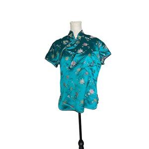 Vintage Teal Chinese Silk Floral Blouse Short Sleeve Size 40 By Folk Squirrel